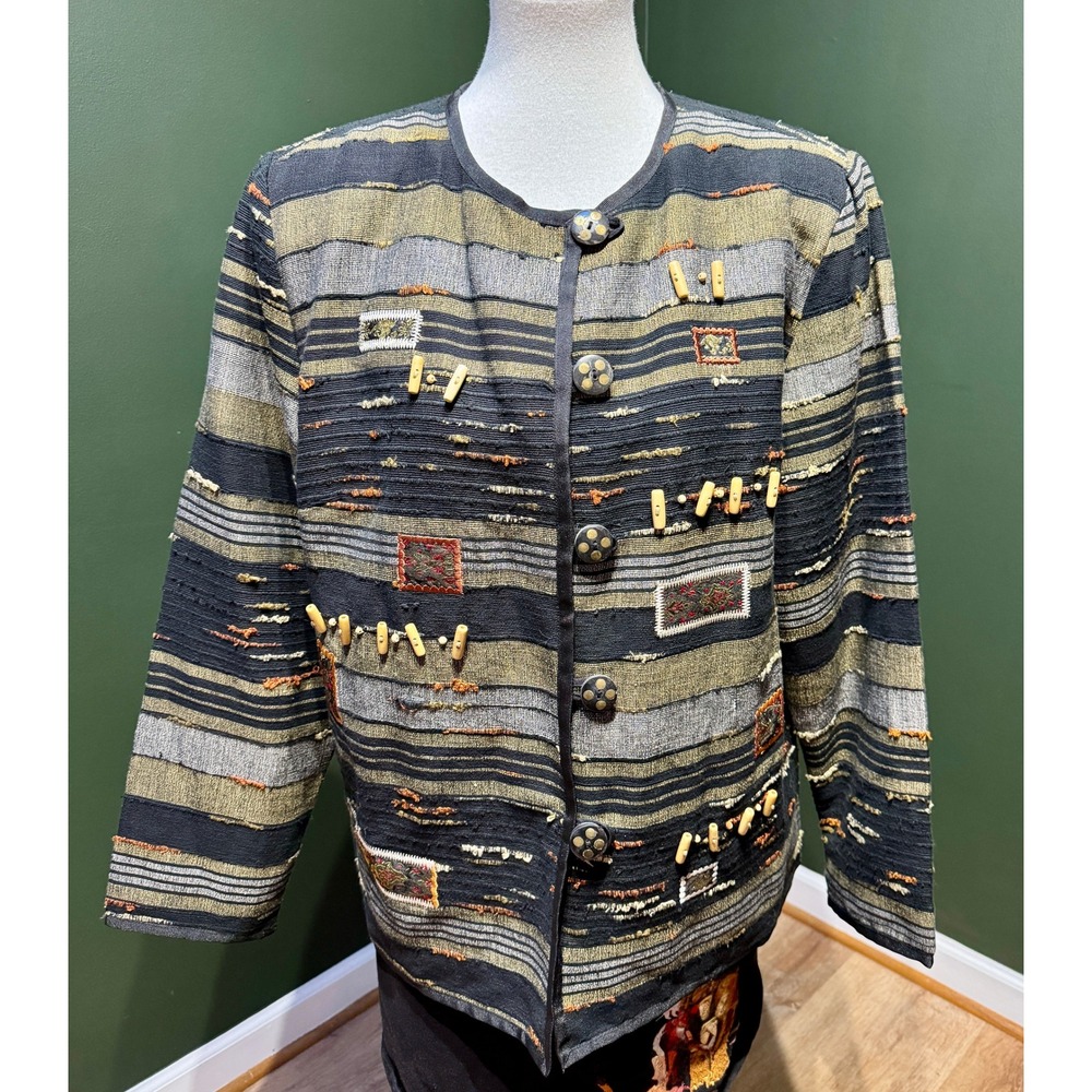 Vintage Indigo Moon Striped Embellished Textured Jacket Women's L 100% Cotton